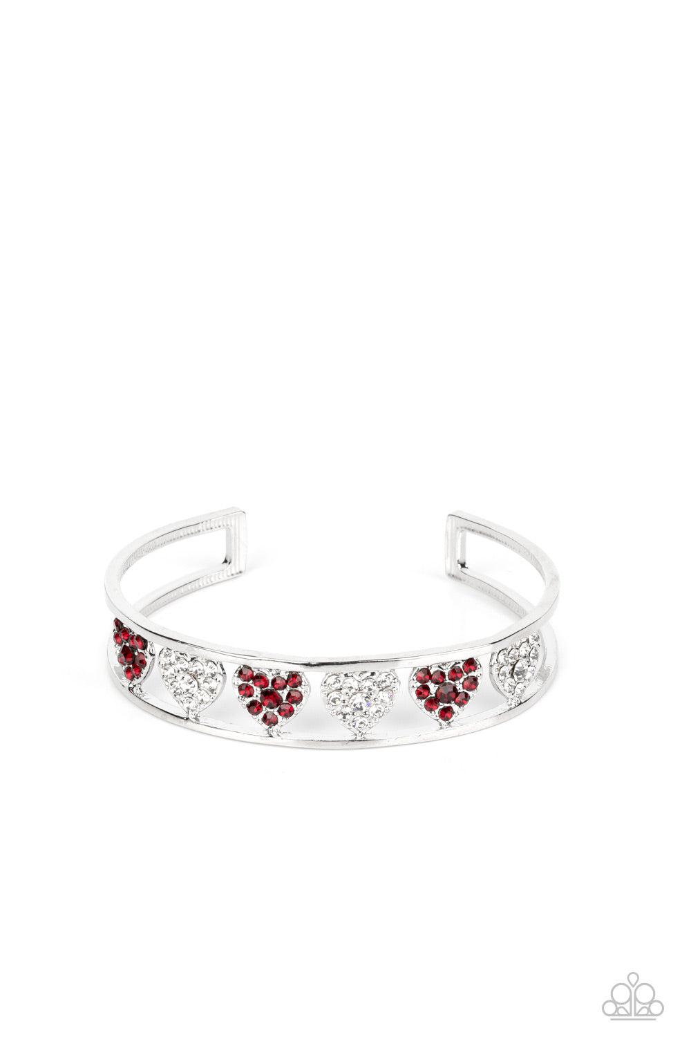 Decadent Devotion Red &amp; White Rhinestone Heart Cuff Bracelet - Paparazzi Accessories- lightbox - CarasShop.com - $5 Jewelry by Cara Jewels