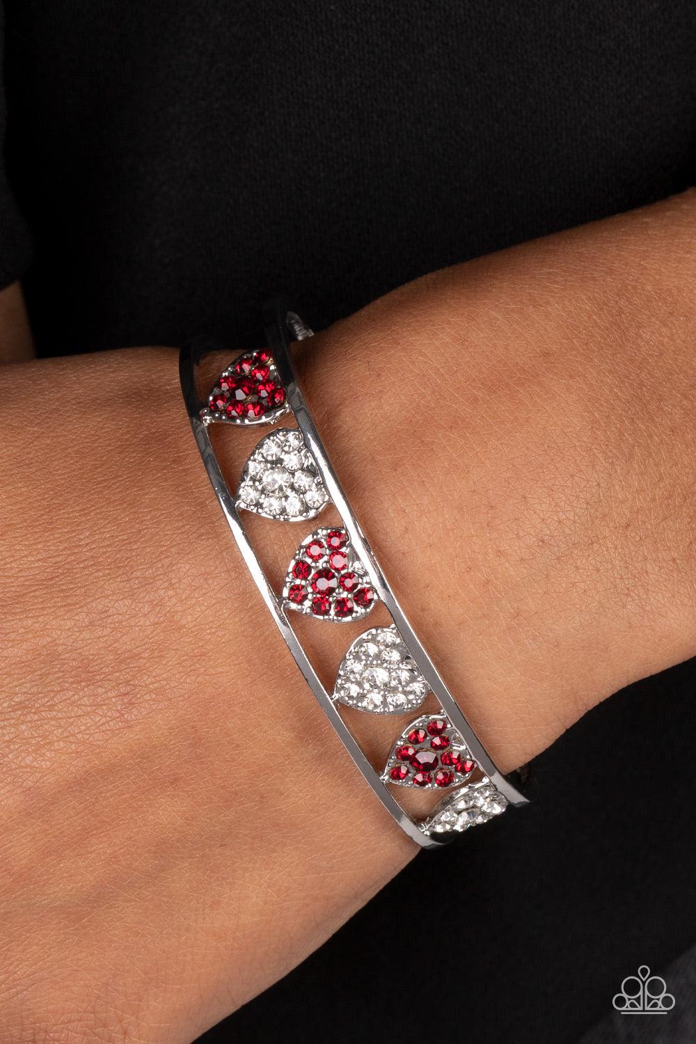 Decadent Devotion Red &amp; White Rhinestone Heart Cuff Bracelet - Paparazzi Accessories-on model - CarasShop.com - $5 Jewelry by Cara Jewels