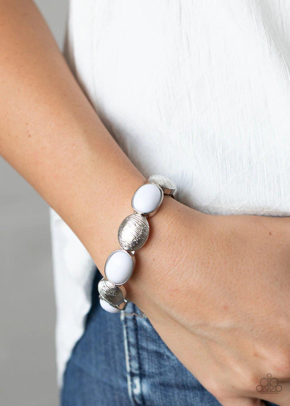 Decadently Dewy White Bracelet - Paparazzi Accessories- on model - CarasShop.com - $5 Jewelry by Cara Jewels