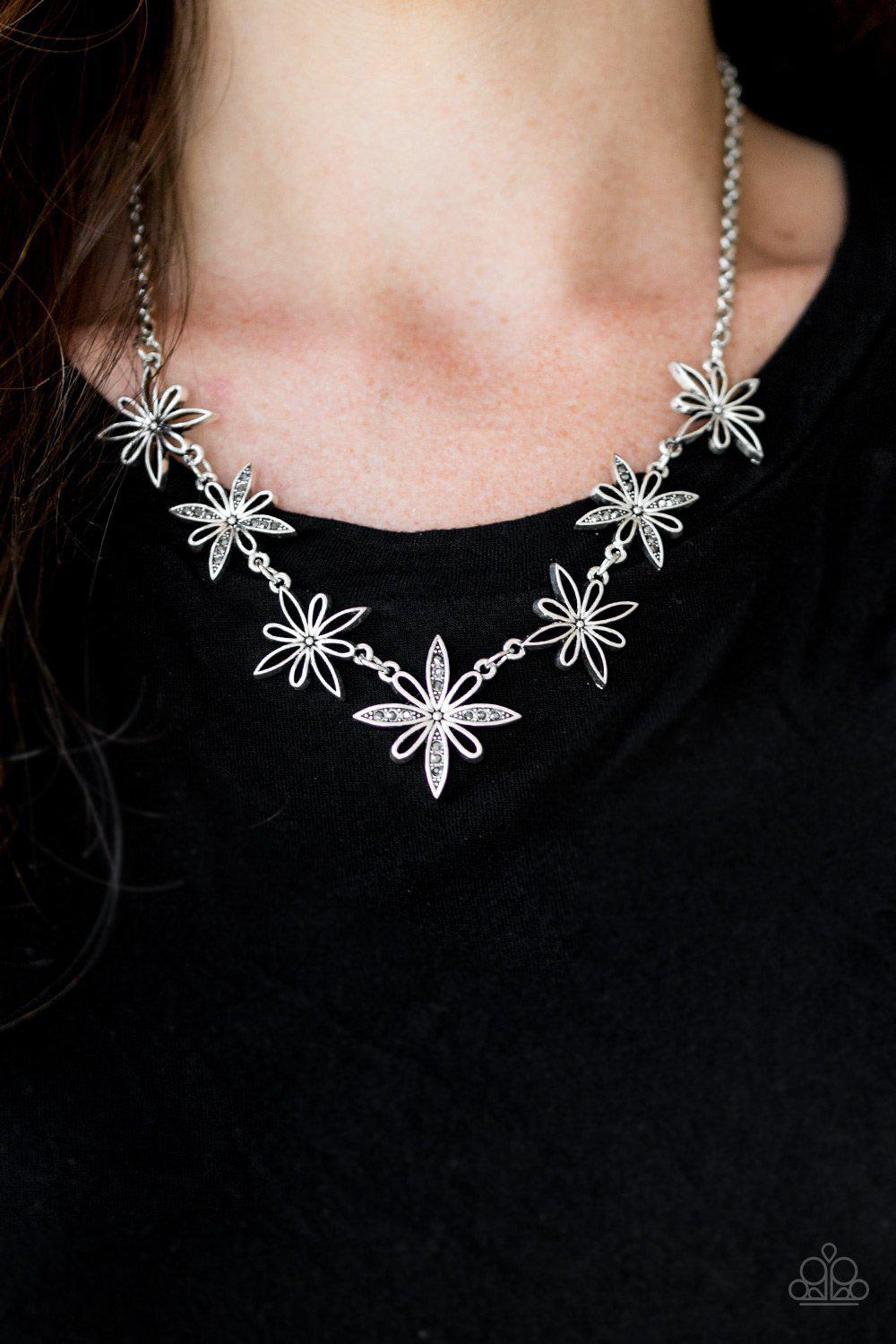 Decked Out in Daisies Silver Necklace and matching Earrings - Paparazzi Accessories-CarasShop.com - $5 Jewelry by Cara Jewels