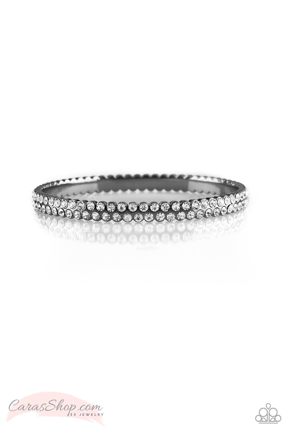 Decked Out In Diamonds Gunmetal and White Rhinestone Bangle Bracelet - Paparazzi Accessories- lightbox - CarasShop.com - Paparazzi Jewelry by Cara Jewels