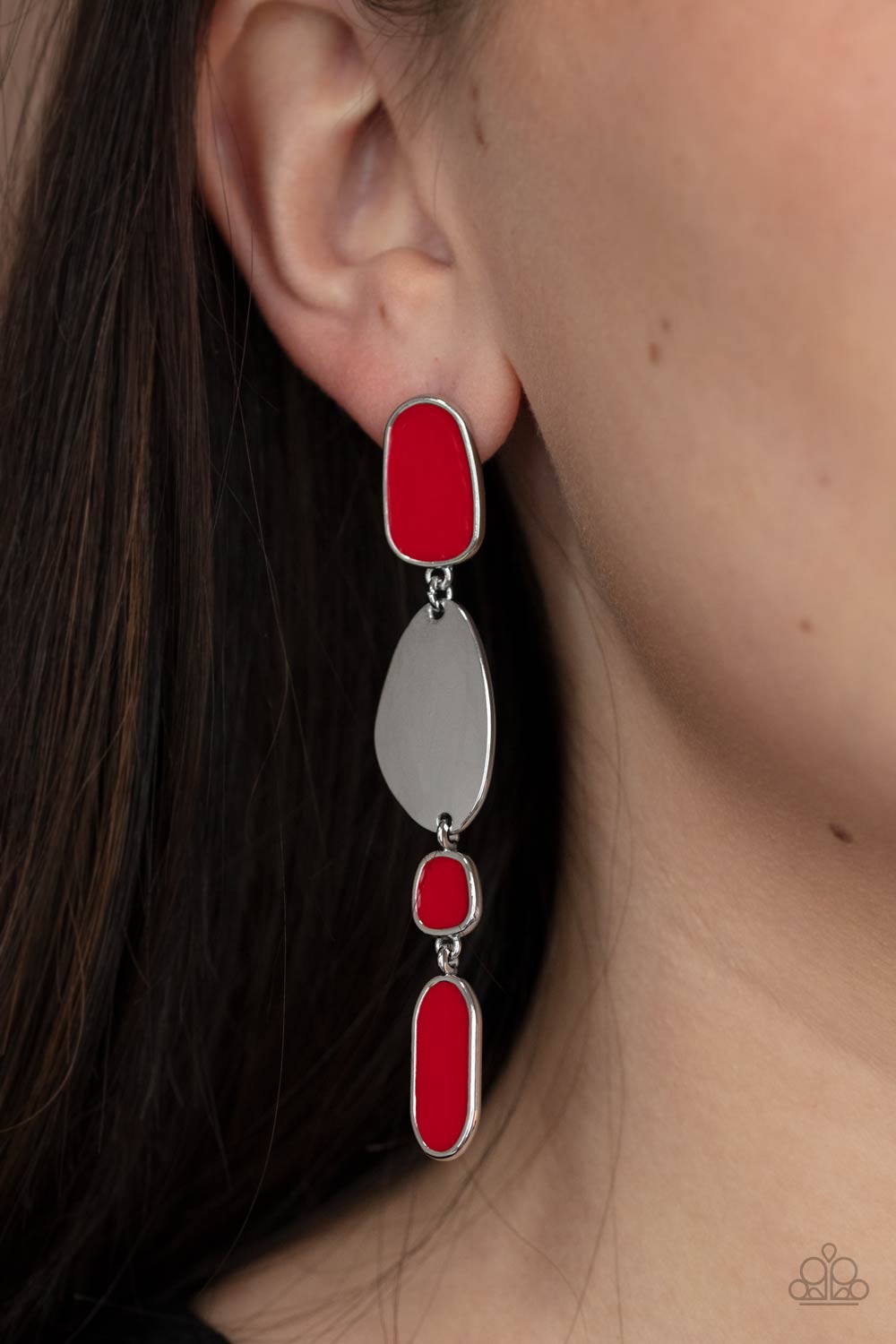 Deco By Design Red and Silver Earrings - Paparazzi Accessories- model - CarasShop.com - $5 Jewelry by Cara Jewels