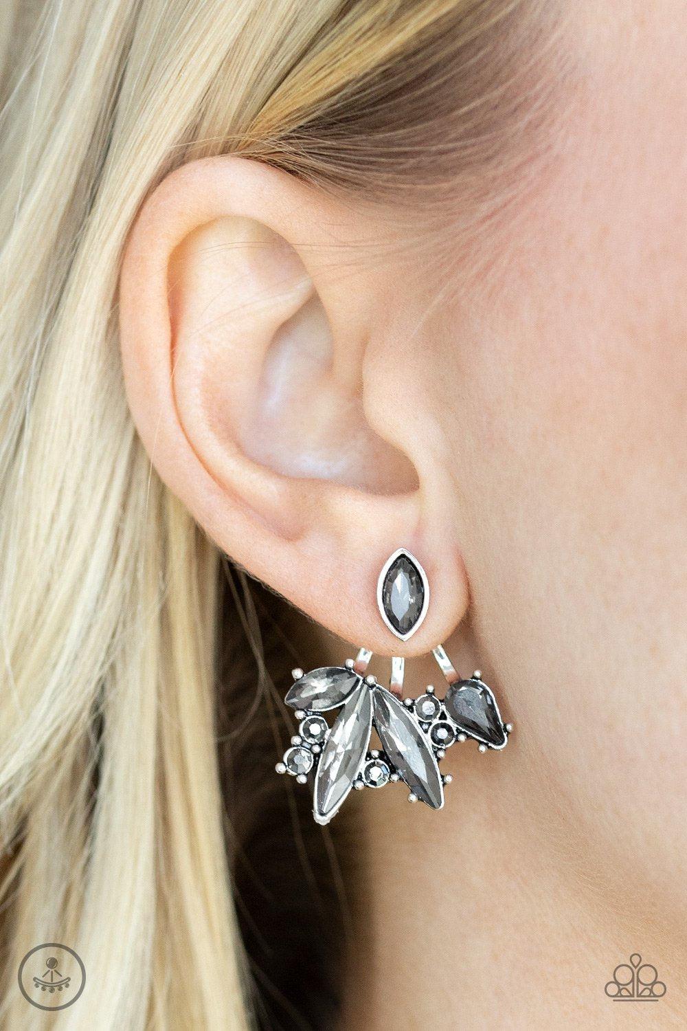 Deco Dynamite Silver Smoky Rhinestone Double-sided Post Earrings - Paparazzi Accessories- model - CarasShop.com - $5 Jewelry by Cara Jewels