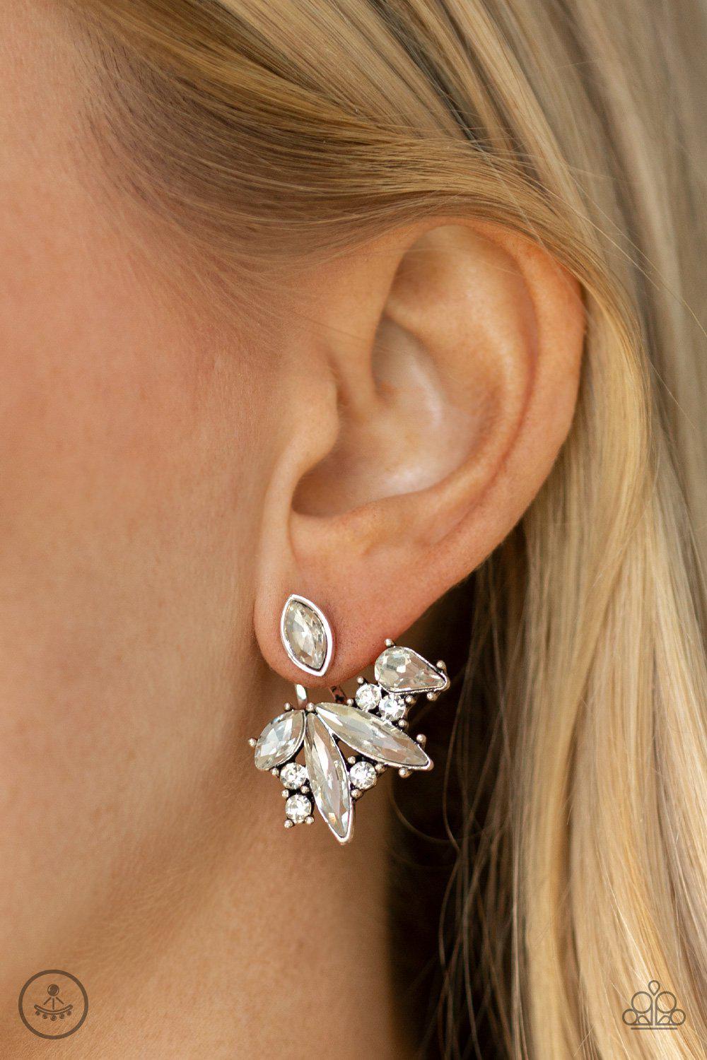 Deco Dynamite White Rhinestone Double-sided Post Earrings - Paparazzi Accessories - lightbox -CarasShop.com - $5 Jewelry by Cara Jewels