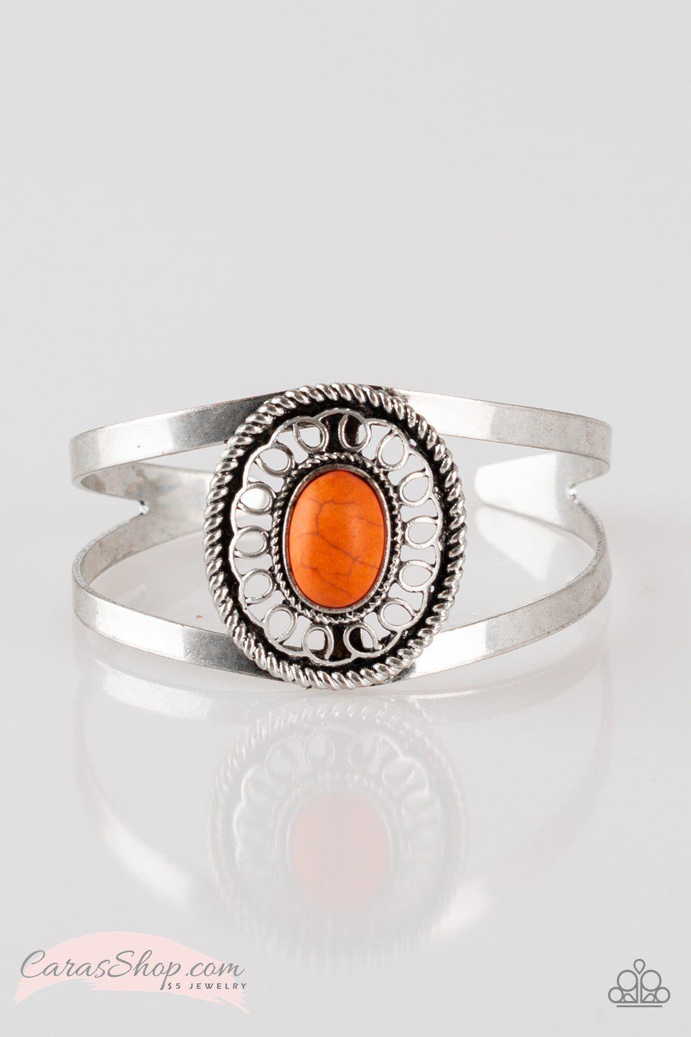 Deep In The Tumbleweeds Silver and Orange Stone Cuff Bracelet - Paparazzi Accessories-CarasShop.com - $5 Jewelry by Cara Jewels