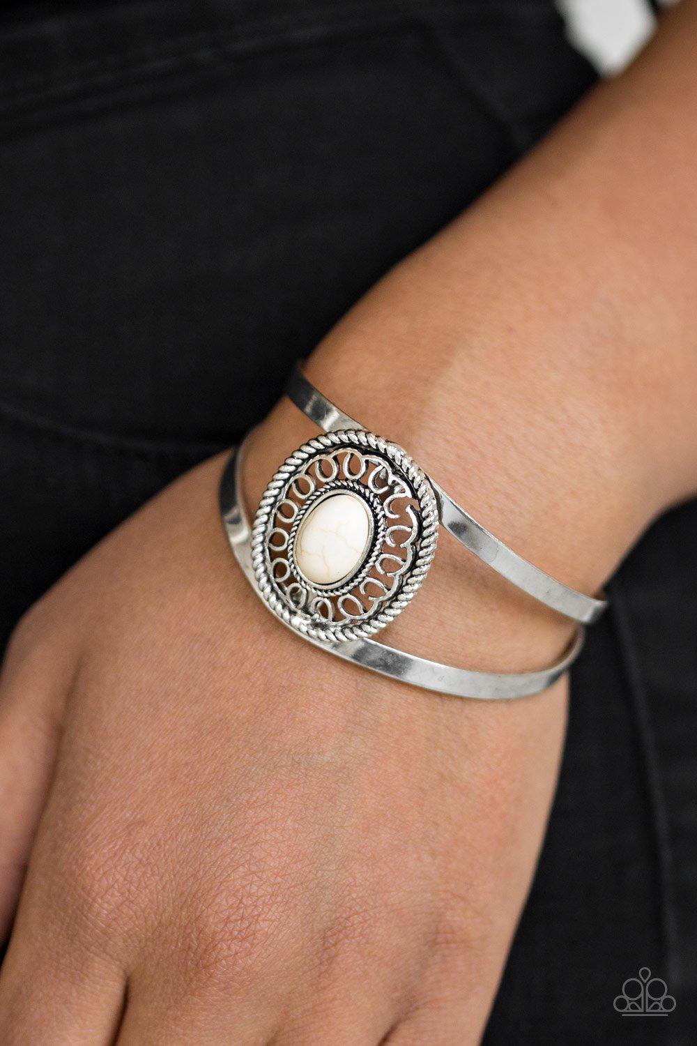 Deep In The Tumbleweeds White Stone Cuff Bracelet - Paparazzi Accessories- model - CarasShop.com - $5 Jewelry by Cara Jewels