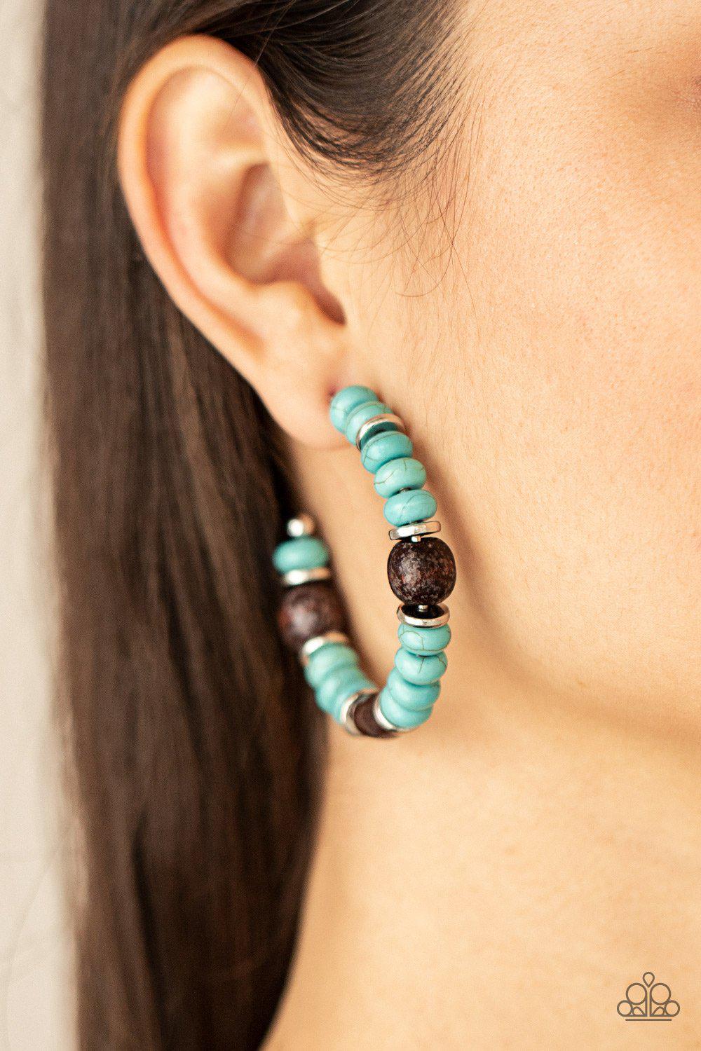 Definitely Down-To-Earth Turquoise Blue Stone and Wood Hoop Earrings - Paparazzi Accessories- model - CarasShop.com - $5 Jewelry by Cara Jewels