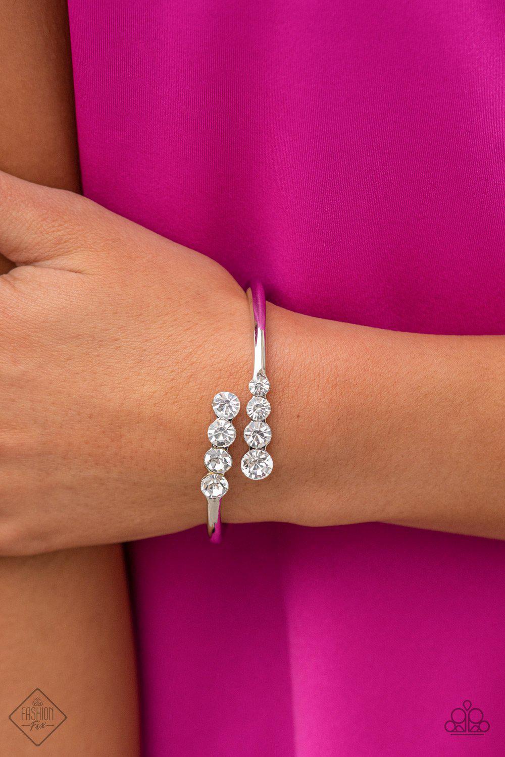 Defying Dazzle White Rhinestone Hinged Bangle Bracelet - Paparazzi Accessories - model -CarasShop.com - $5 Jewelry by Cara Jewels