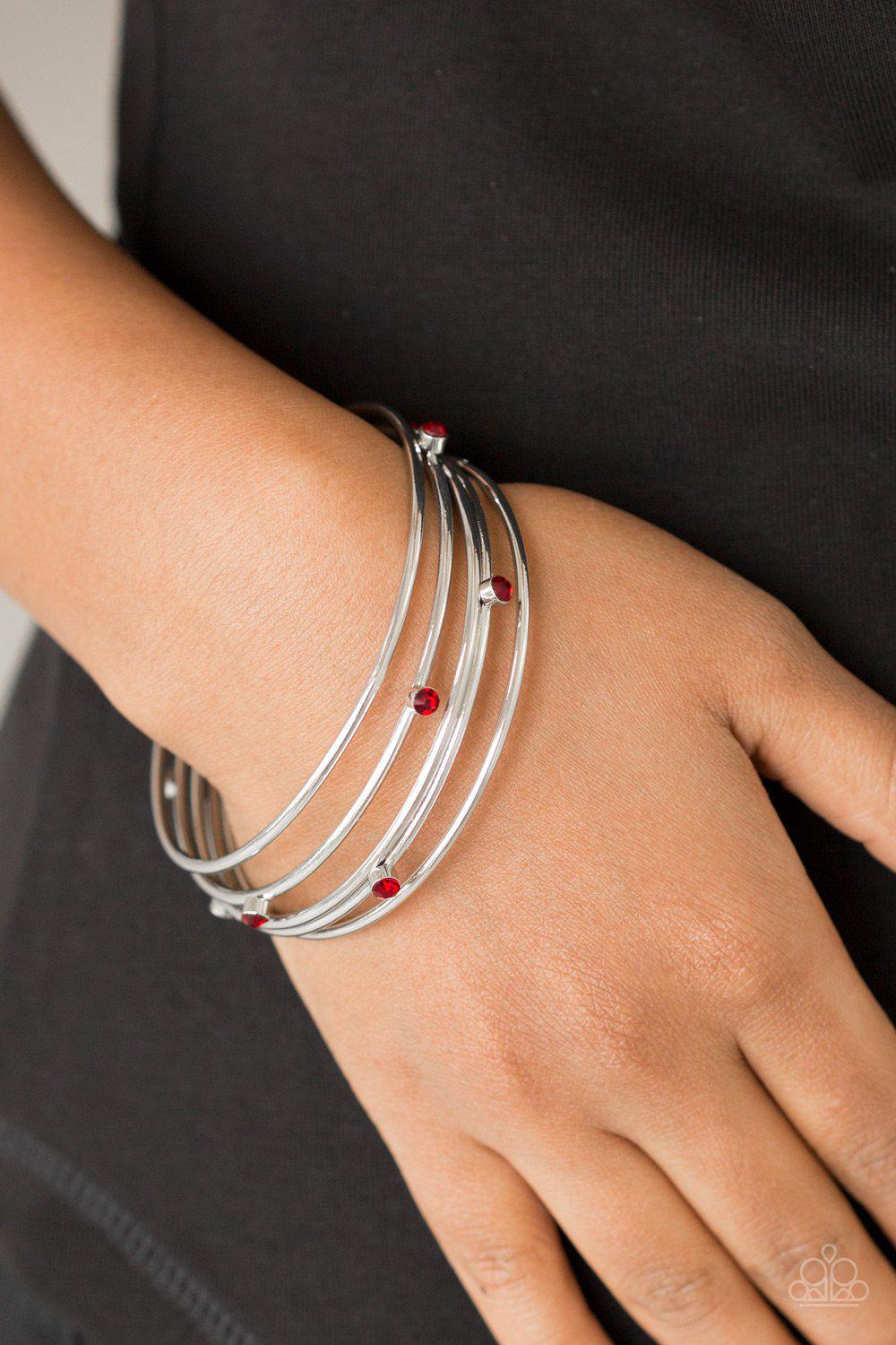 Delicate Decadence Red Rhinestone and Silver Bangle Bracelet Set - Paparazzi Accessories-CarasShop.com - $5 Jewelry by Cara Jewels
