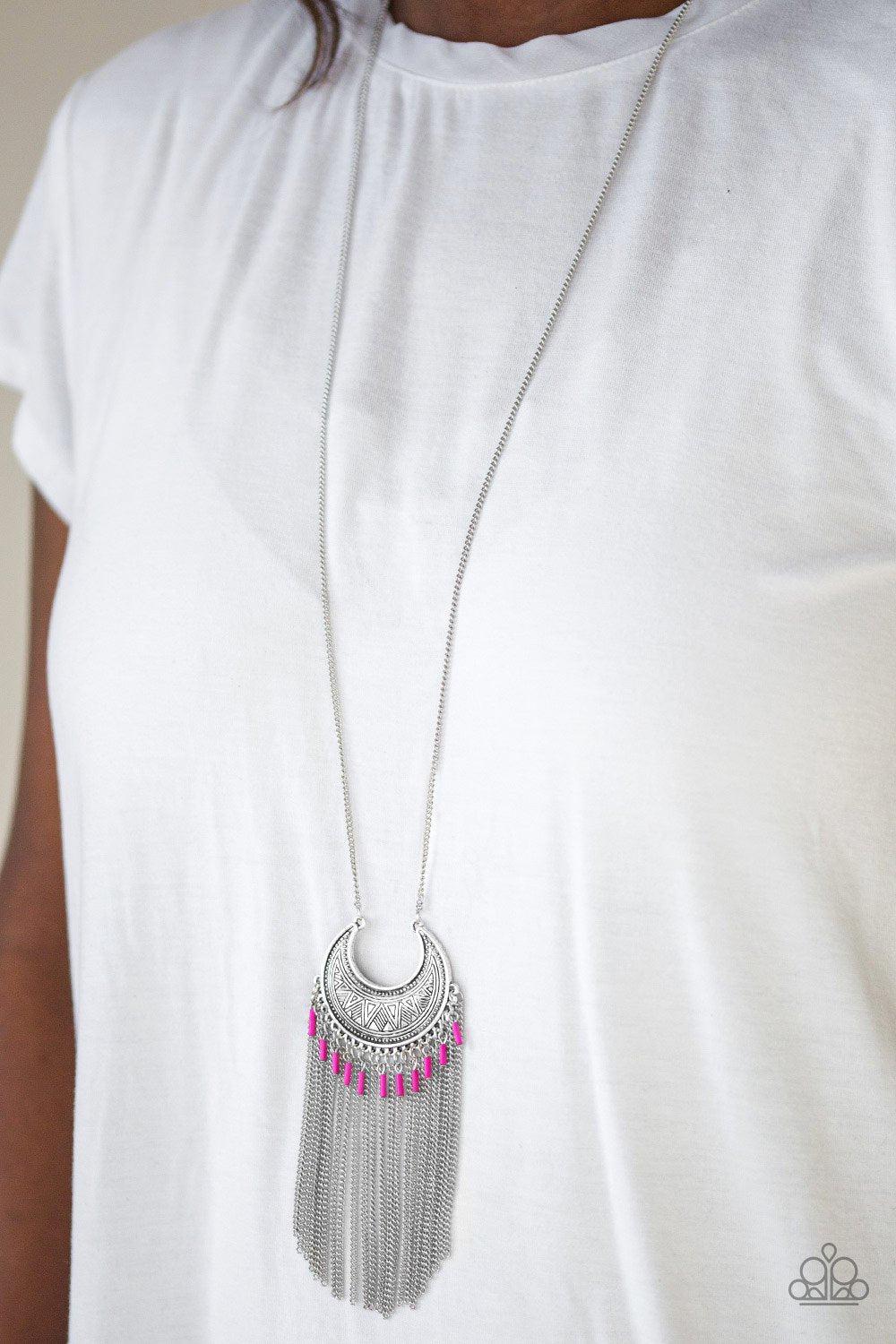 Desert Coyote Long Pink and Silver Fringe Necklace - Paparazzi Accessories-CarasShop.com - $5 Jewelry by Cara Jewels