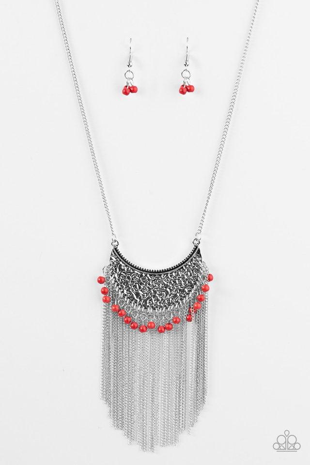 Desert Dancer Long Red and Silver Fringe Necklace - Paparazzi Accessories-CarasShop.com - $5 Jewelry by Cara Jewels