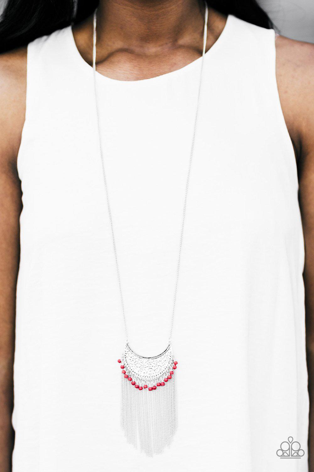 Desert Dancer Long Red and Silver Fringe Necklace - Paparazzi Accessories-CarasShop.com - $5 Jewelry by Cara Jewels