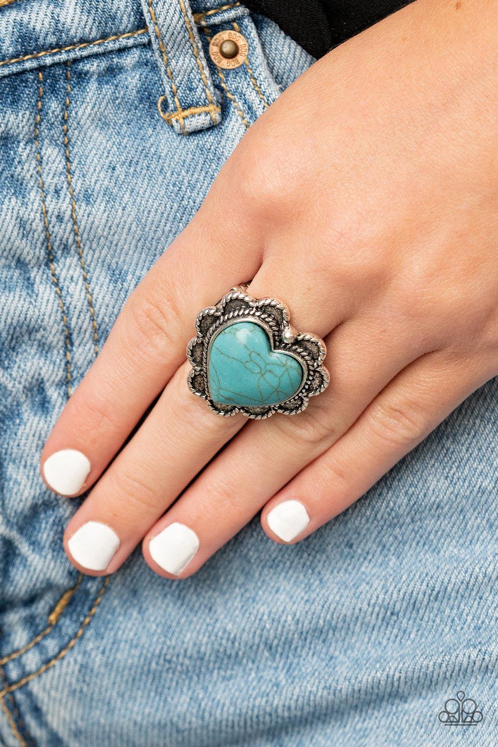 Desert Desire Turquoise Blue Stone Heart Ring - Paparazzi Accessories - model -CarasShop.com - $5 Jewelry by Cara Jewels