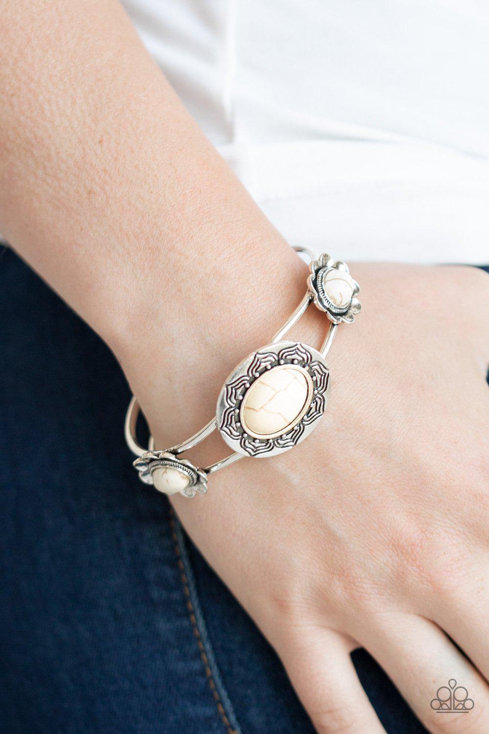 Desert Eden White Stone Hinged Bracelet - Paparazzi Accessories-CarasShop.com - $5 Jewelry by Cara Jewels