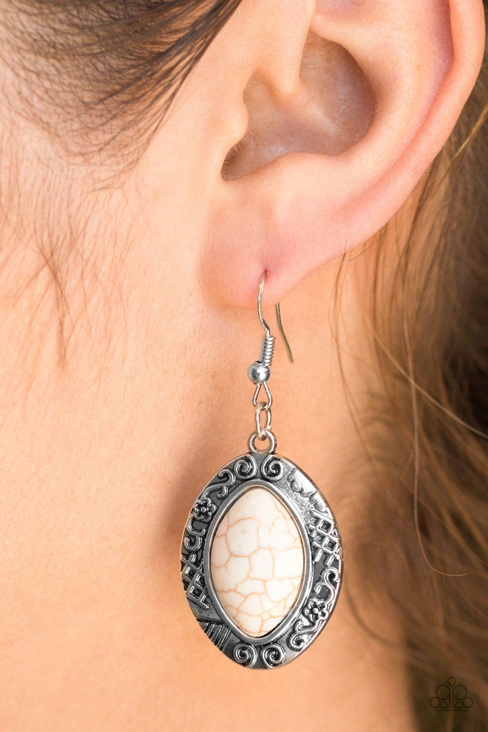 Desert Harvest White Stone Earrings - Paparazzi Accessories - model -CarasShop.com - $5 Jewelry by Cara Jewels
