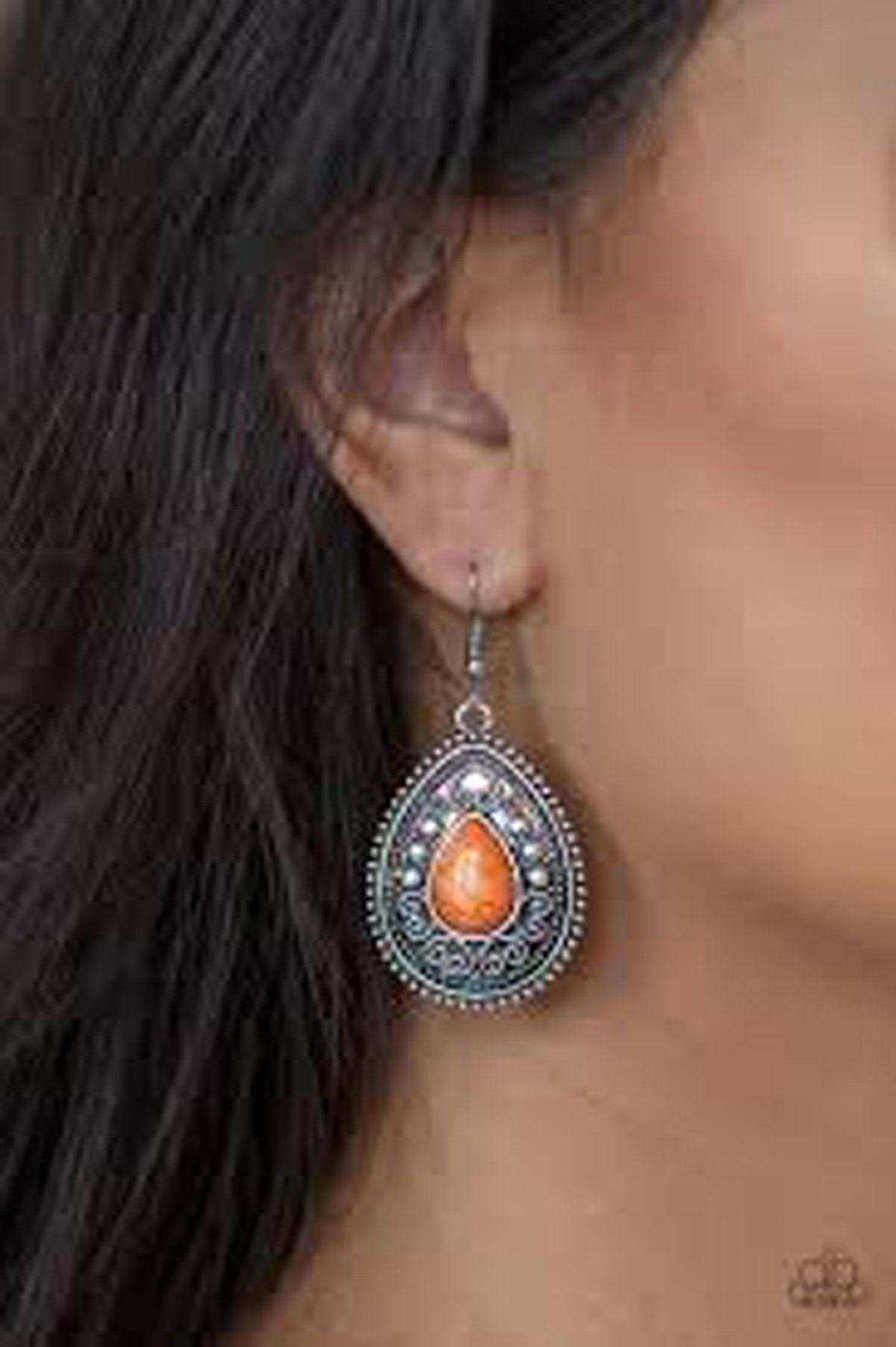 Desert Nirvana Orange Stone Teardrop Earrings - Paparazzi Accessories - model -CarasShop.com - $5 Jewelry by Cara Jewels