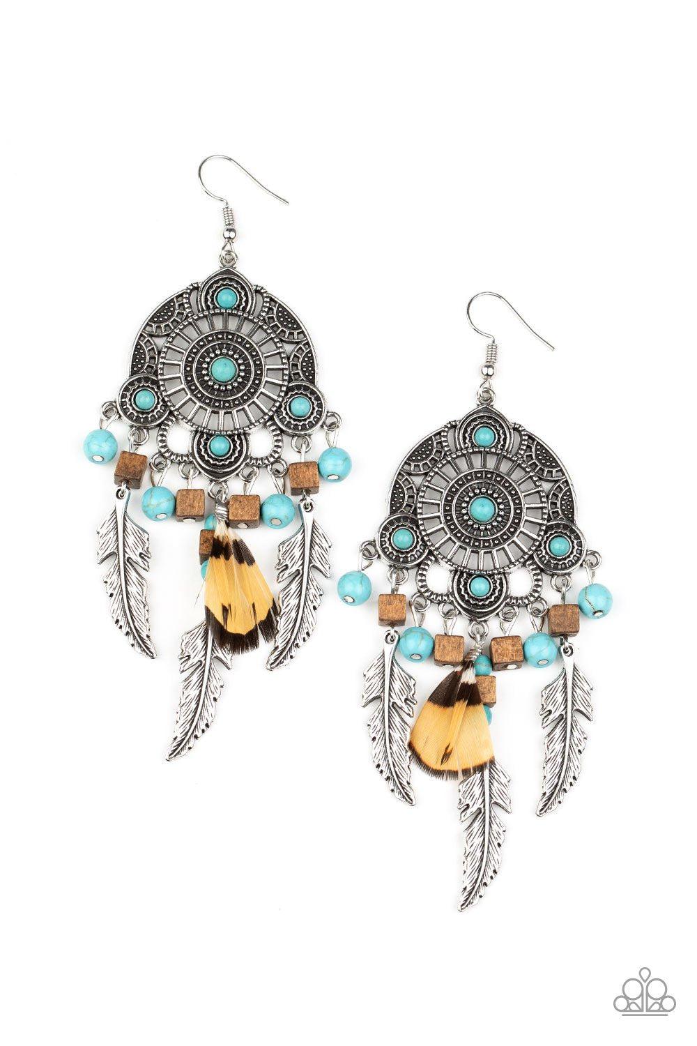 Desert Plains Turquoise Blue and Silver Feather Earrings - Paparazzi Accessories Life of the Party Exclusive October 2020-CarasShop.com - $5 Jewelry by Cara Jewels