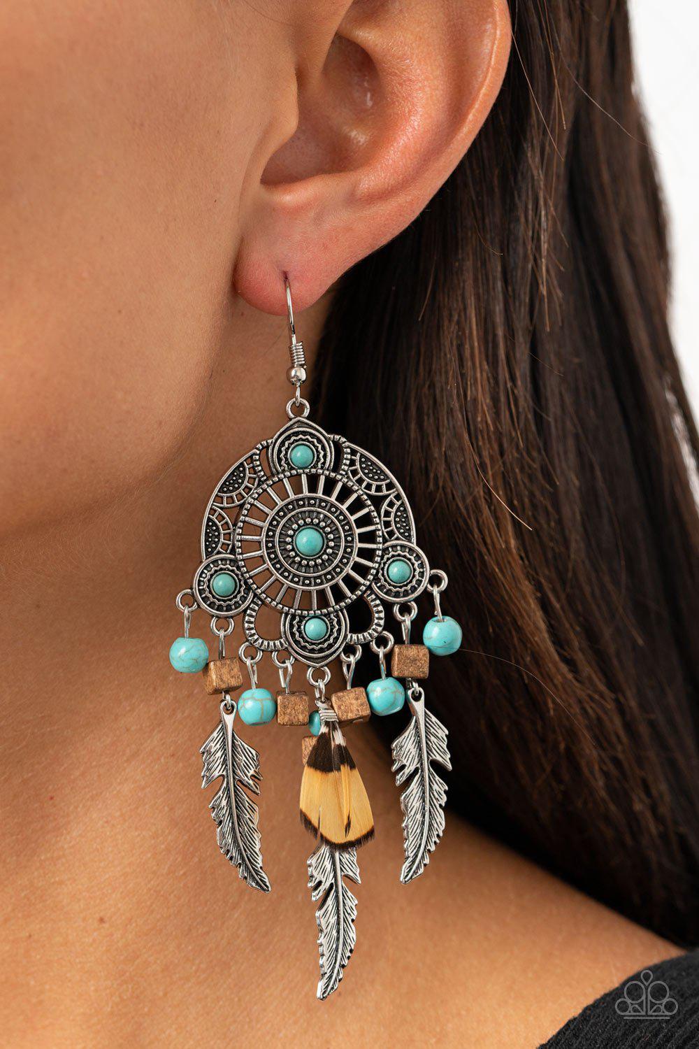 Desert Plains Turquoise Blue and Silver Feather Earrings - Paparazzi Accessories Life of the Party Exclusive October 2020-CarasShop.com - $5 Jewelry by Cara Jewels