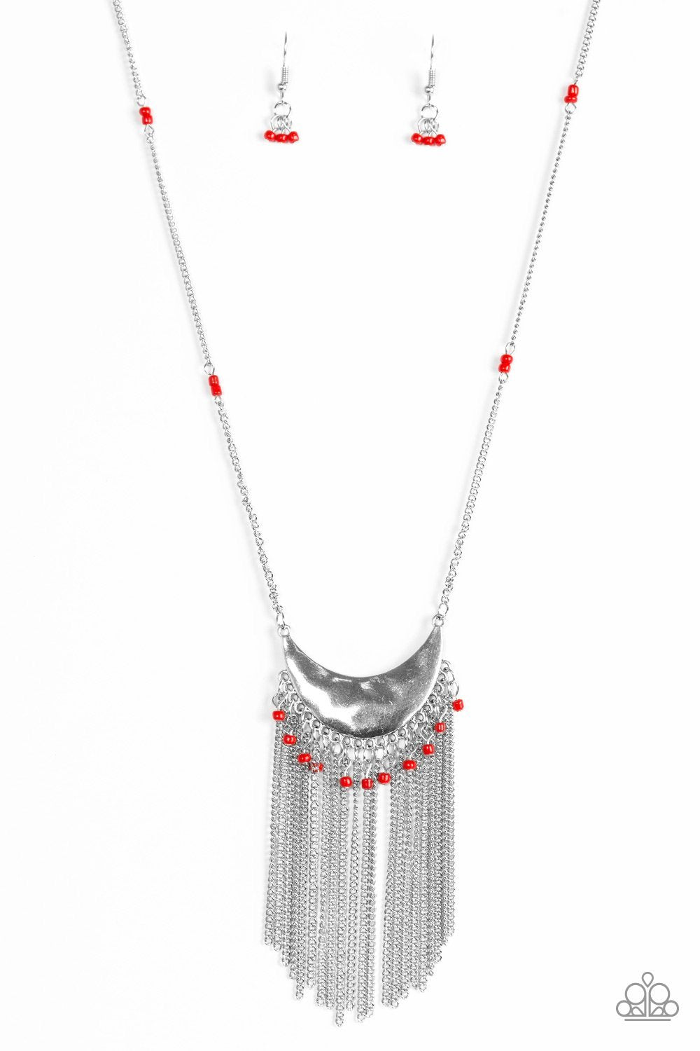 Desert Trance Long Red and Silver Fringe Necklace - Paparazzi Accessories-CarasShop.com - $5 Jewelry by Cara Jewels