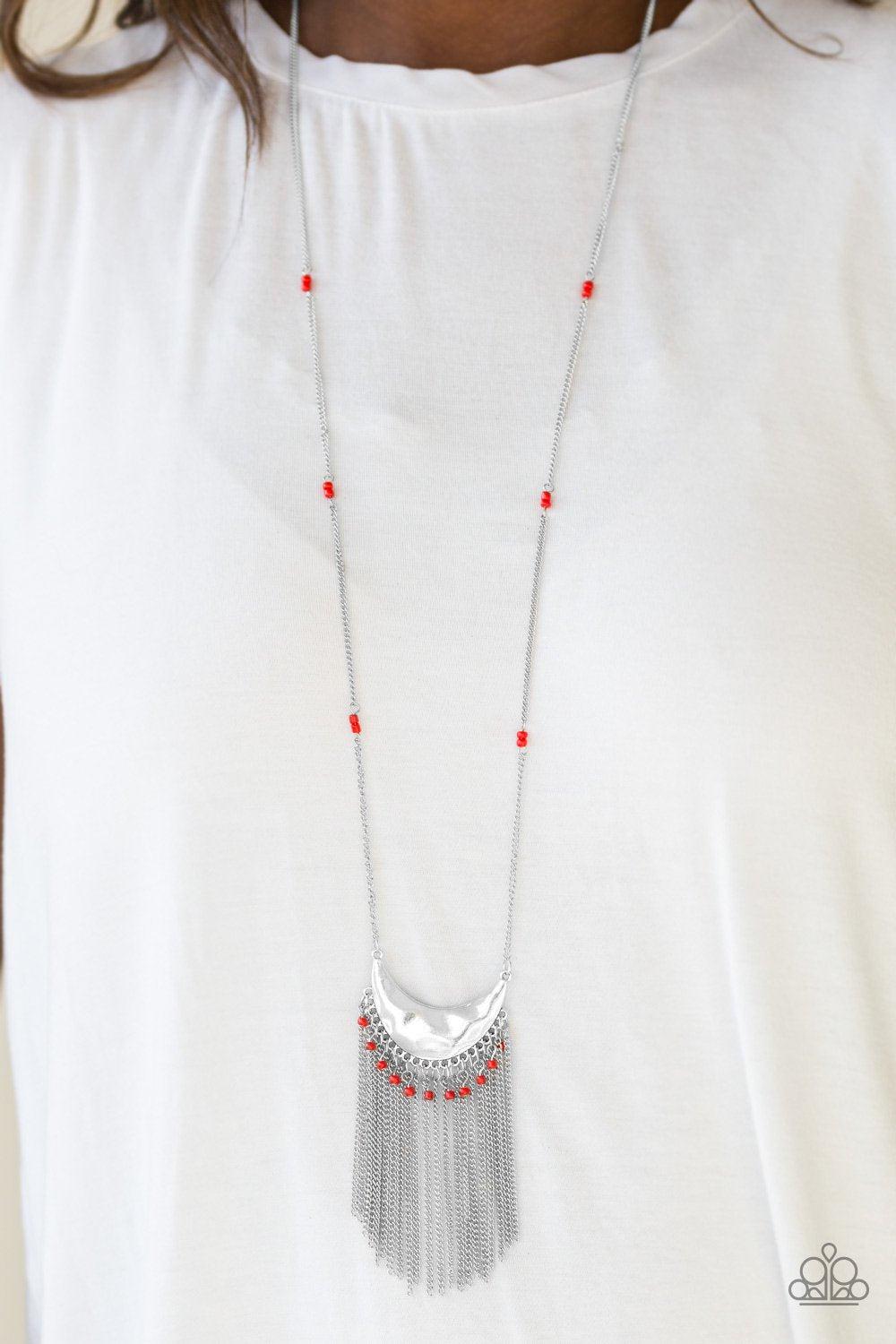 Desert Trance Long Red and Silver Fringe Necklace - Paparazzi Accessories-CarasShop.com - $5 Jewelry by Cara Jewels