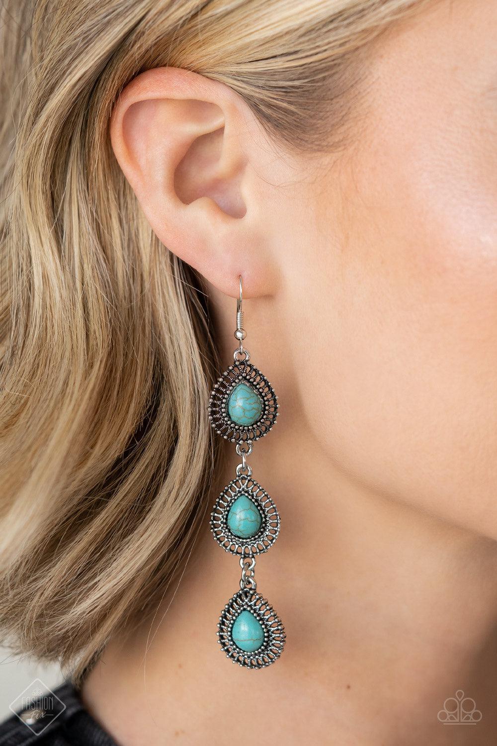 Desertscape Dweller Turquoise Blue Teardrop Earrings - Paparazzi Accessories-on model - CarasShop.com - $5 Jewelry by Cara Jewels