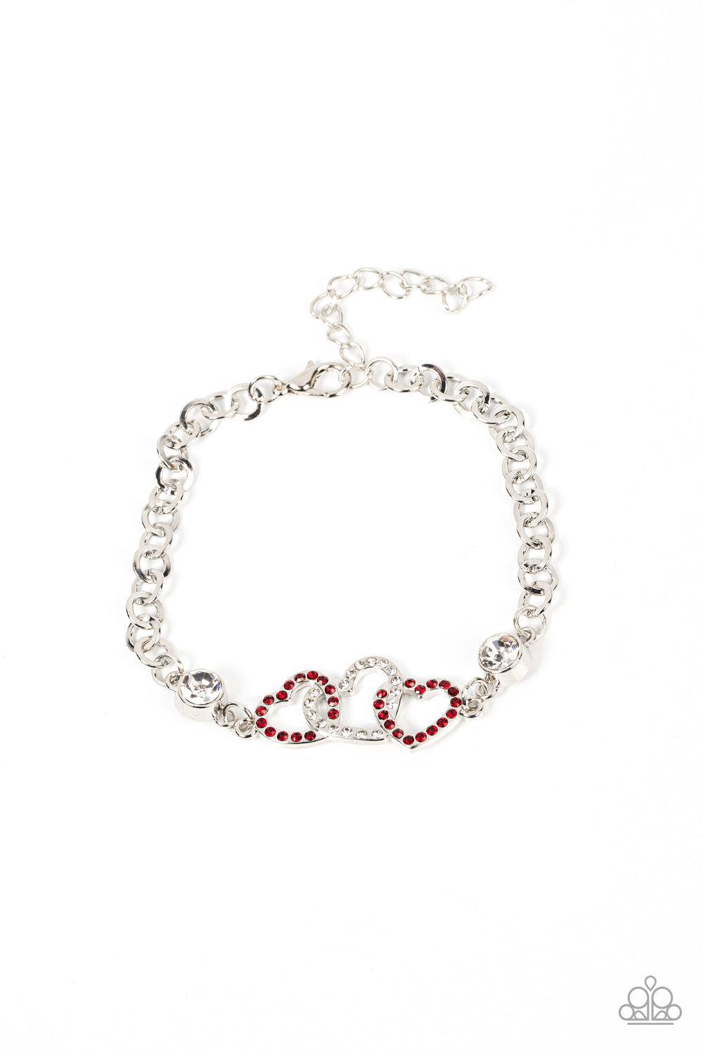 Desirable Dazzle Red and White Rhinestone Heart Bracelet - Paparazzi Accessories- lightbox - CarasShop.com - $5 Jewelry by Cara Jewels