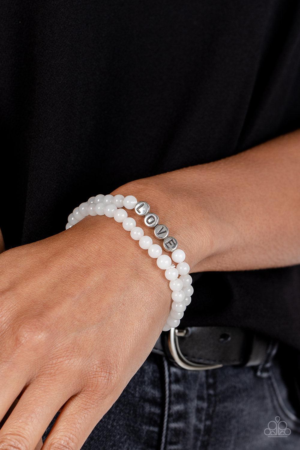 Devoted Dreamer White Inspirational Bracelet - Paparazzi Accessories-on model - CarasShop.com - $5 Jewelry by Cara Jewels