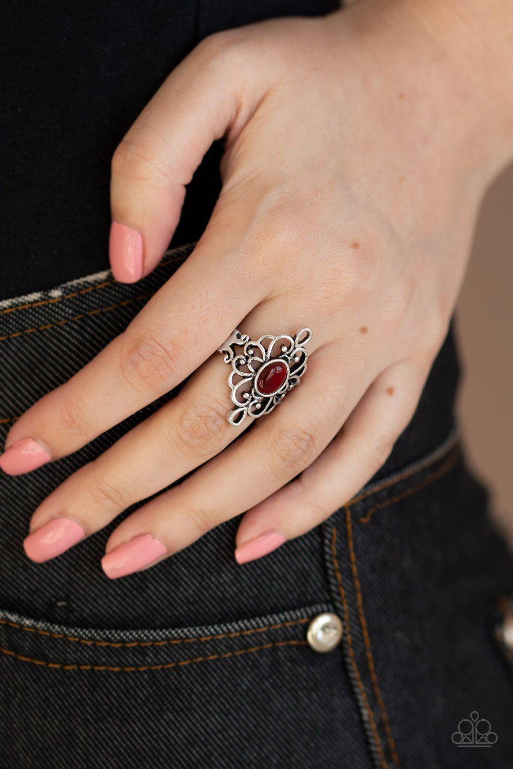 DEW Your Thing Red Cat&#39;s Eye and Silver Filigree Ring - Paparazzi Accessories-CarasShop.com - $5 Jewelry by Cara Jewels