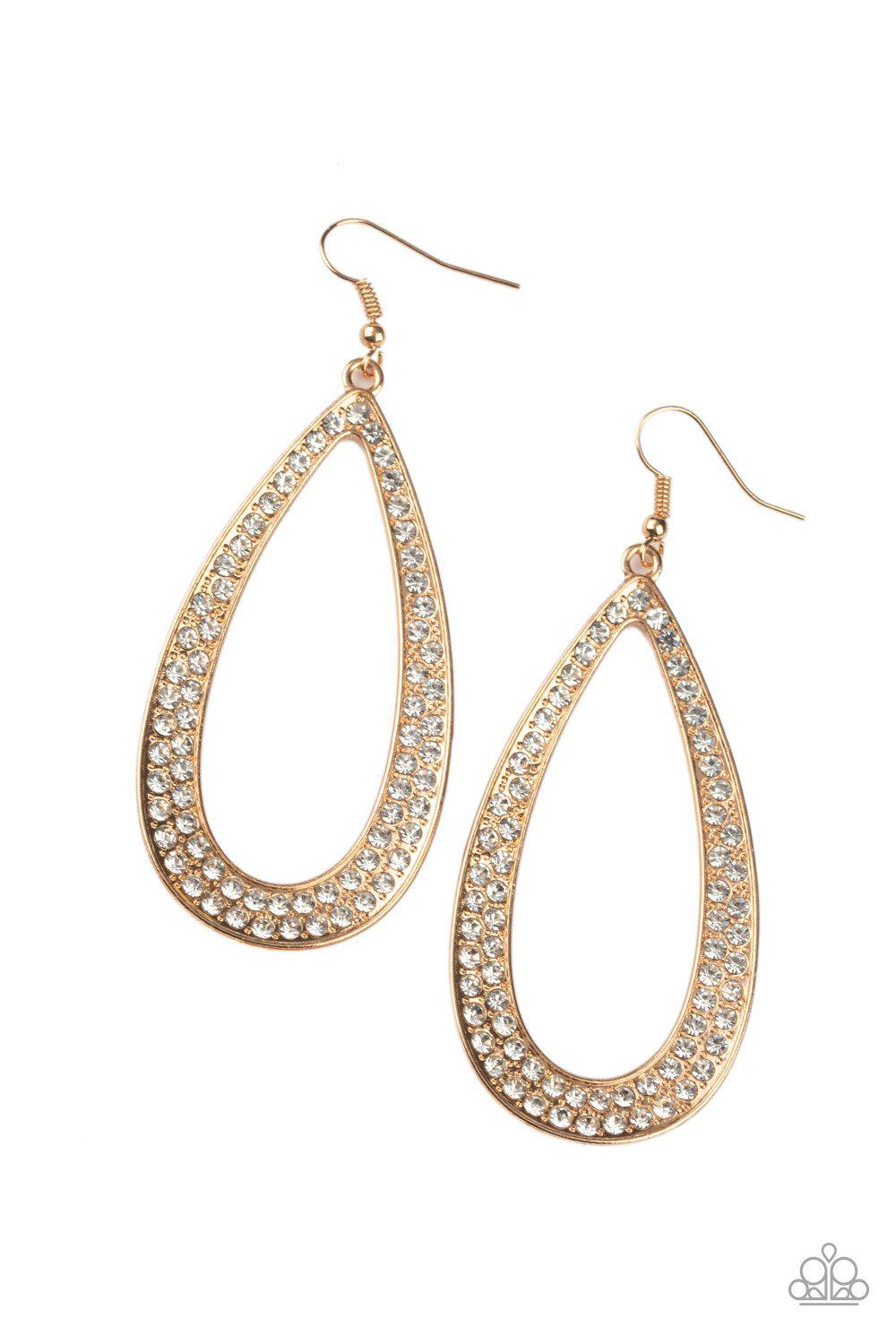 Diamond Distraction Gold and White Rhinestone Teardrop Earrings - Paparazzi Accessories-CarasShop.com - $5 Jewelry by Cara Jewels