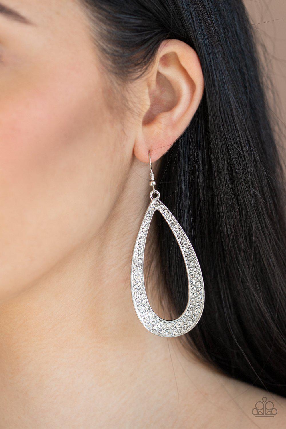 Diamond Distraction White Rhinestone Teardrop Earrings - Paparazzi Accessories-CarasShop.com - $5 Jewelry by Cara Jewels