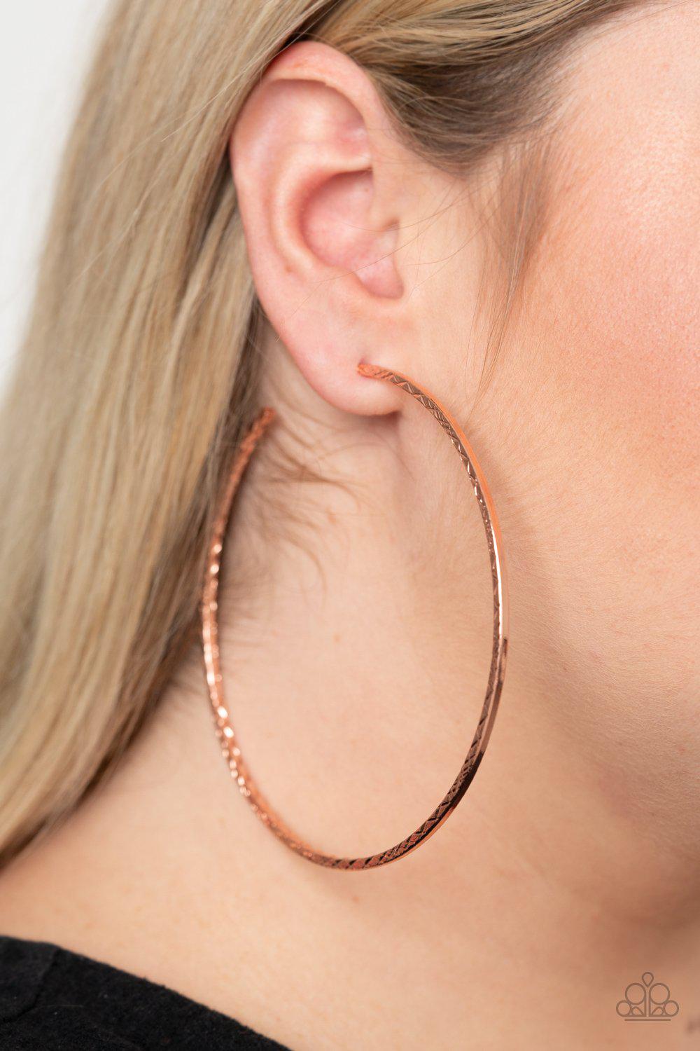 Diamondback Diva Copper Hoop Earrings - Paparazzi Accessories - model -CarasShop.com - $5 Jewelry by Cara Jewels