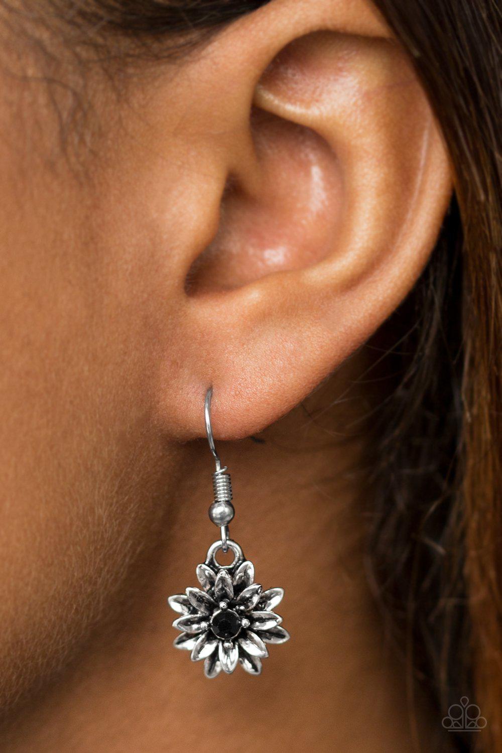 Diamonds and Daisies Black Flower Earrings - Paparazzi Accessories-CarasShop.com - $5 Jewelry by Cara Jewels
