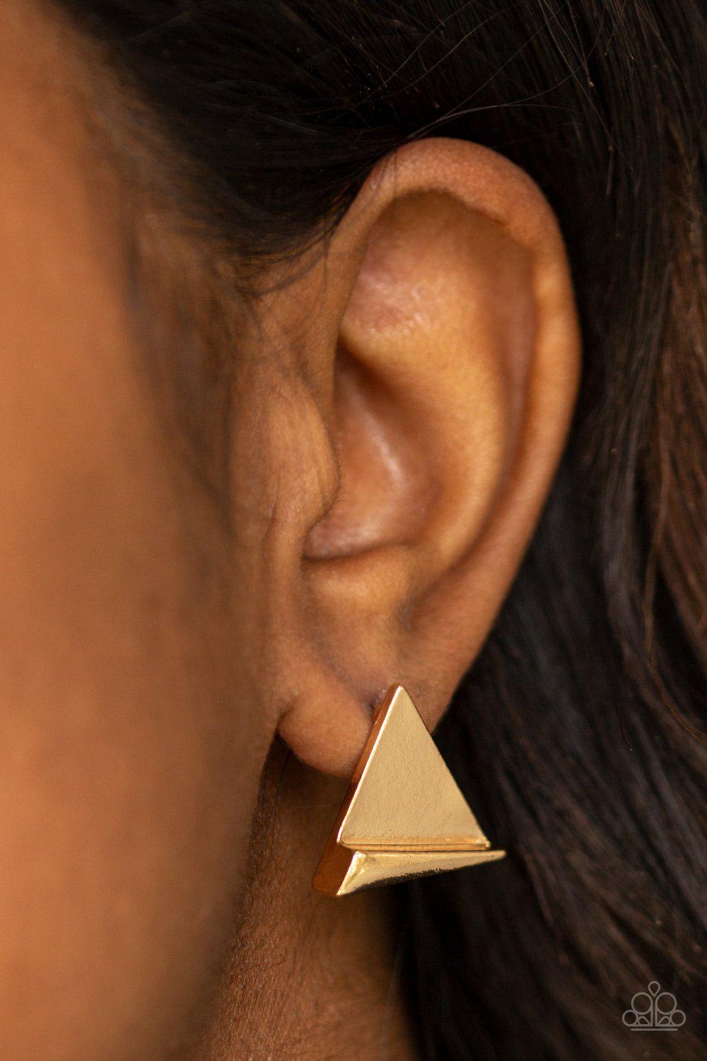 Die TRI-ing Gold Post Earrings - Paparazzi Accessories - model -CarasShop.com - $5 Jewelry by Cara Jewels