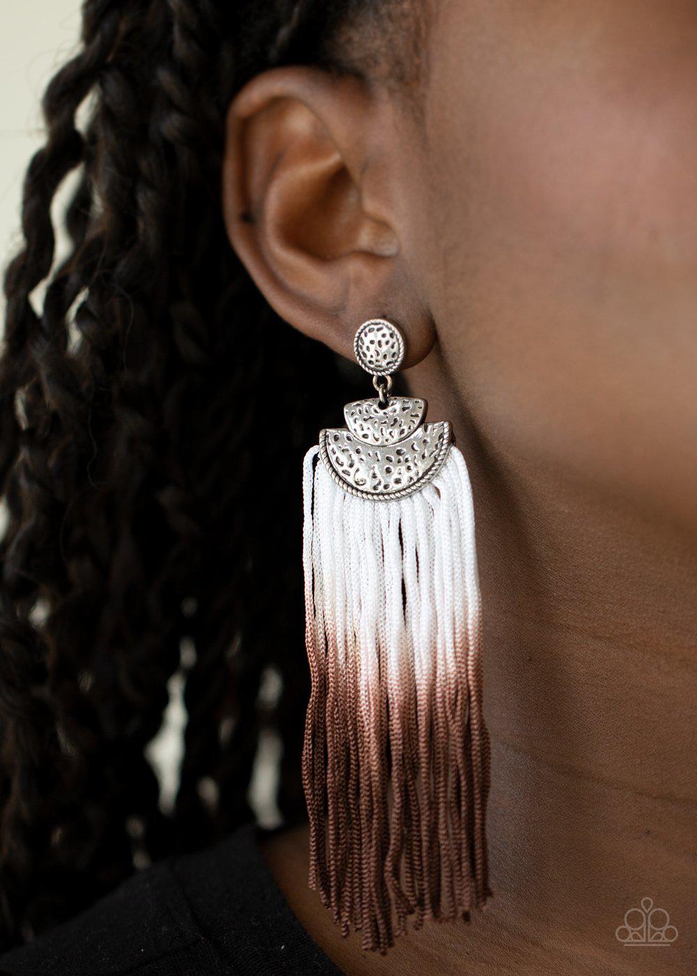 DIP It Up Brown and White Ombre Fringe Earrings - Paparazzi Accessories - model -CarasShop.com - $5 Jewelry by Cara Jewels