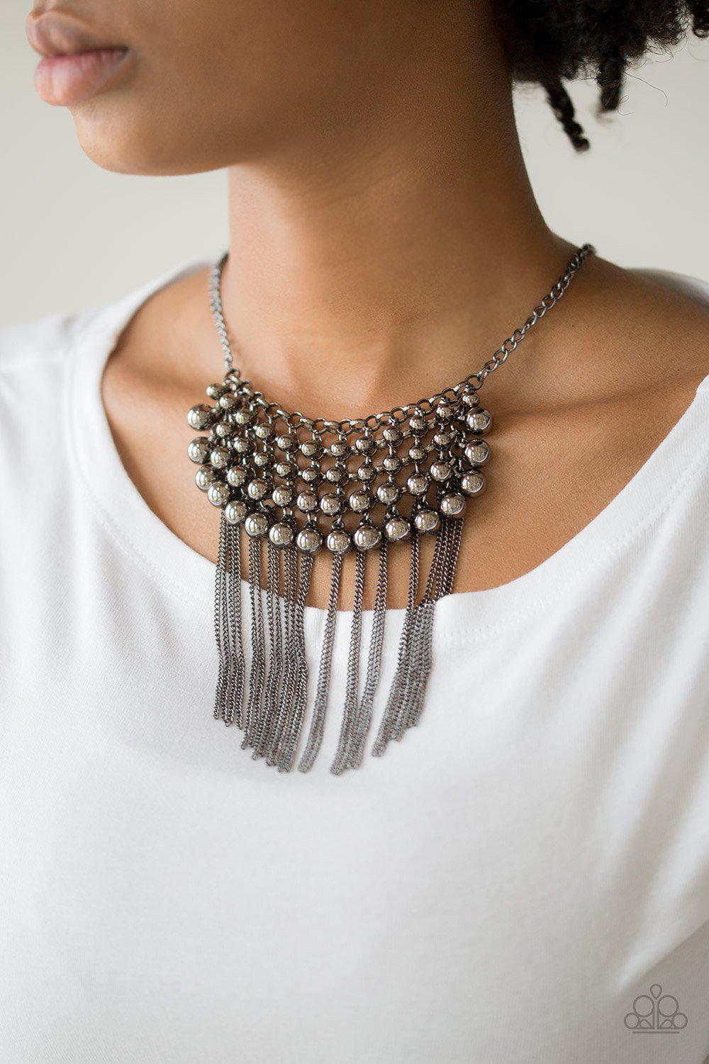 DIVA-de and Rule Gunmetal Black Fringe Necklace - Paparazzi Accessories - model -CarasShop.com - $5 Jewelry by Cara Jewels