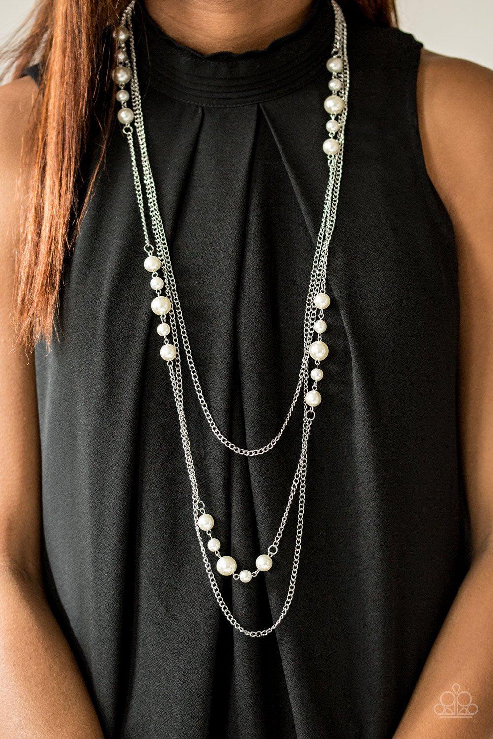 Diva Dilemma Silver and White Pearl Necklace - Paparazzi Accessories-CarasShop.com - $5 Jewelry by Cara Jewels