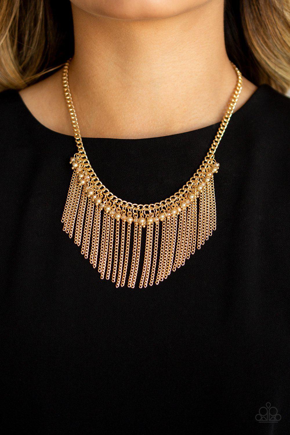 Divinely Diva Gold Fringe Necklace - Paparazzi Accessories - model -CarasShop.com - $5 Jewelry by Cara Jewels