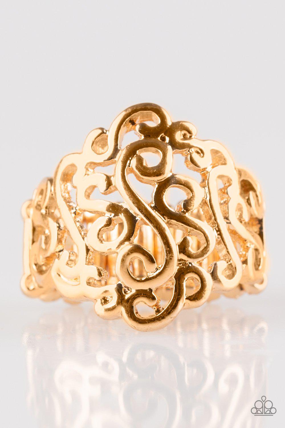 Dizzy Demure Gold Filigree Ring - Paparazzi Accessories-CarasShop.com - $5 Jewelry by Cara Jewels