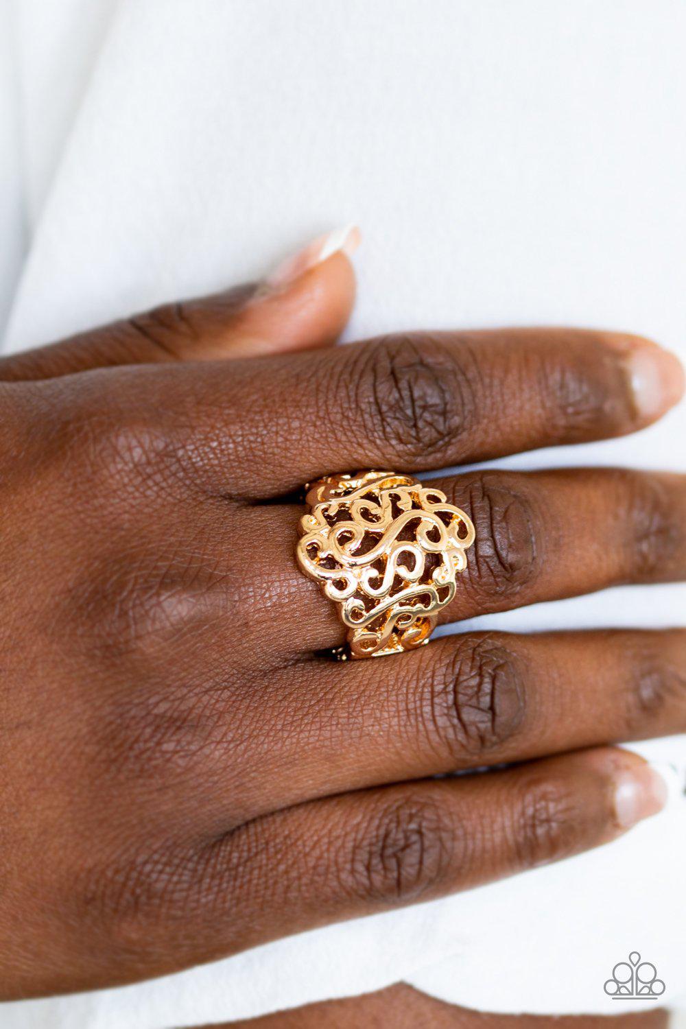 Dizzy Demure Gold Filigree Ring - Paparazzi Accessories-CarasShop.com - $5 Jewelry by Cara Jewels