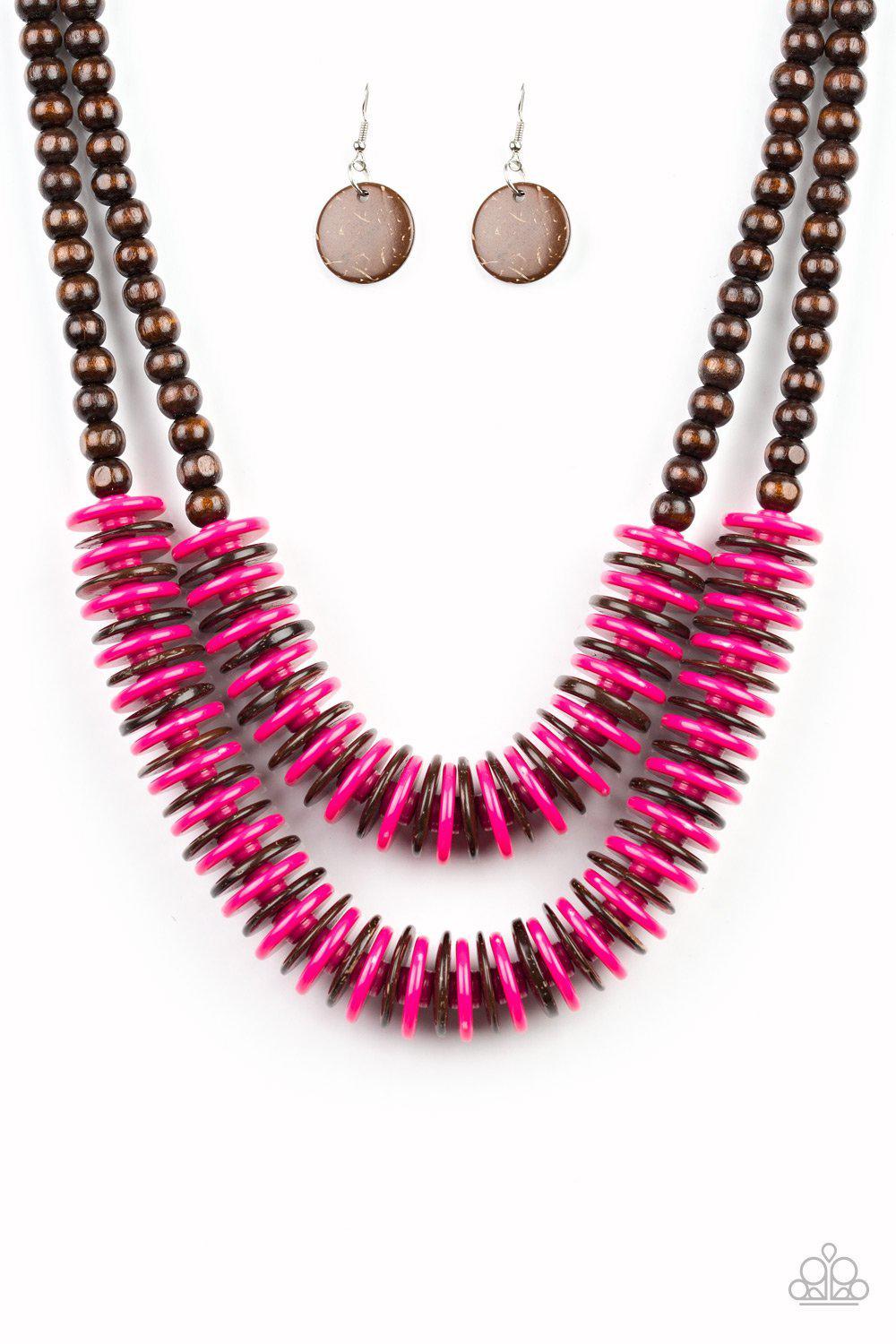 Dominican Disco Pink and Brown Wood Necklace - Paparazzi Accessories-CarasShop.com - $5 Jewelry by Cara Jewels