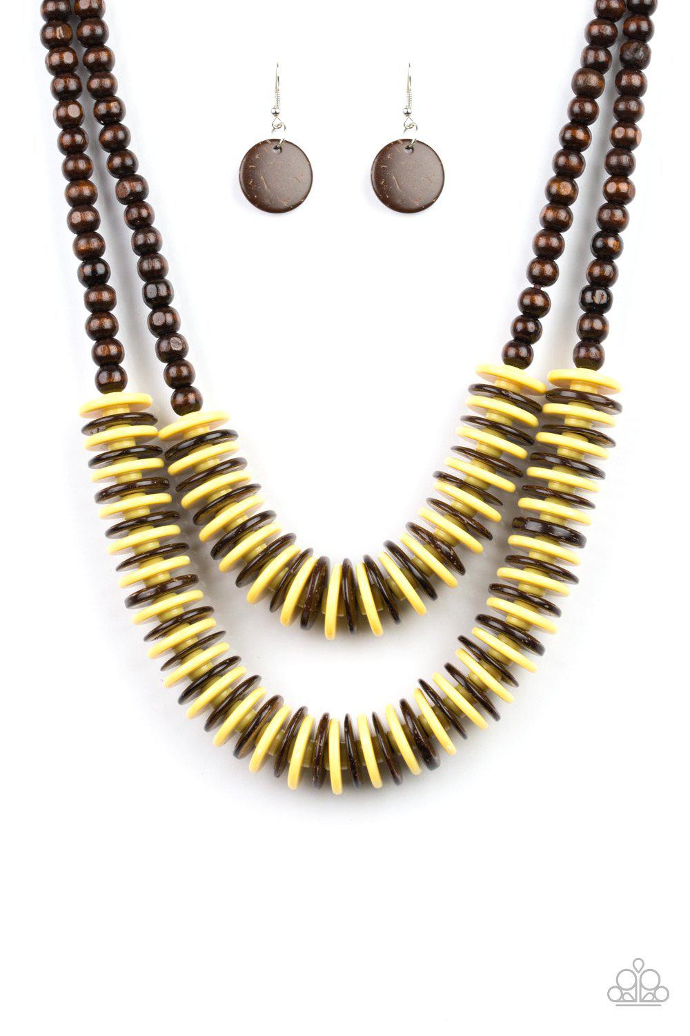 Dominican Disco Yellow and Brown Wood Necklace and matching Earrings - Paparazzi Accessories-CarasShop.com - $5 Jewelry by Cara Jewels
