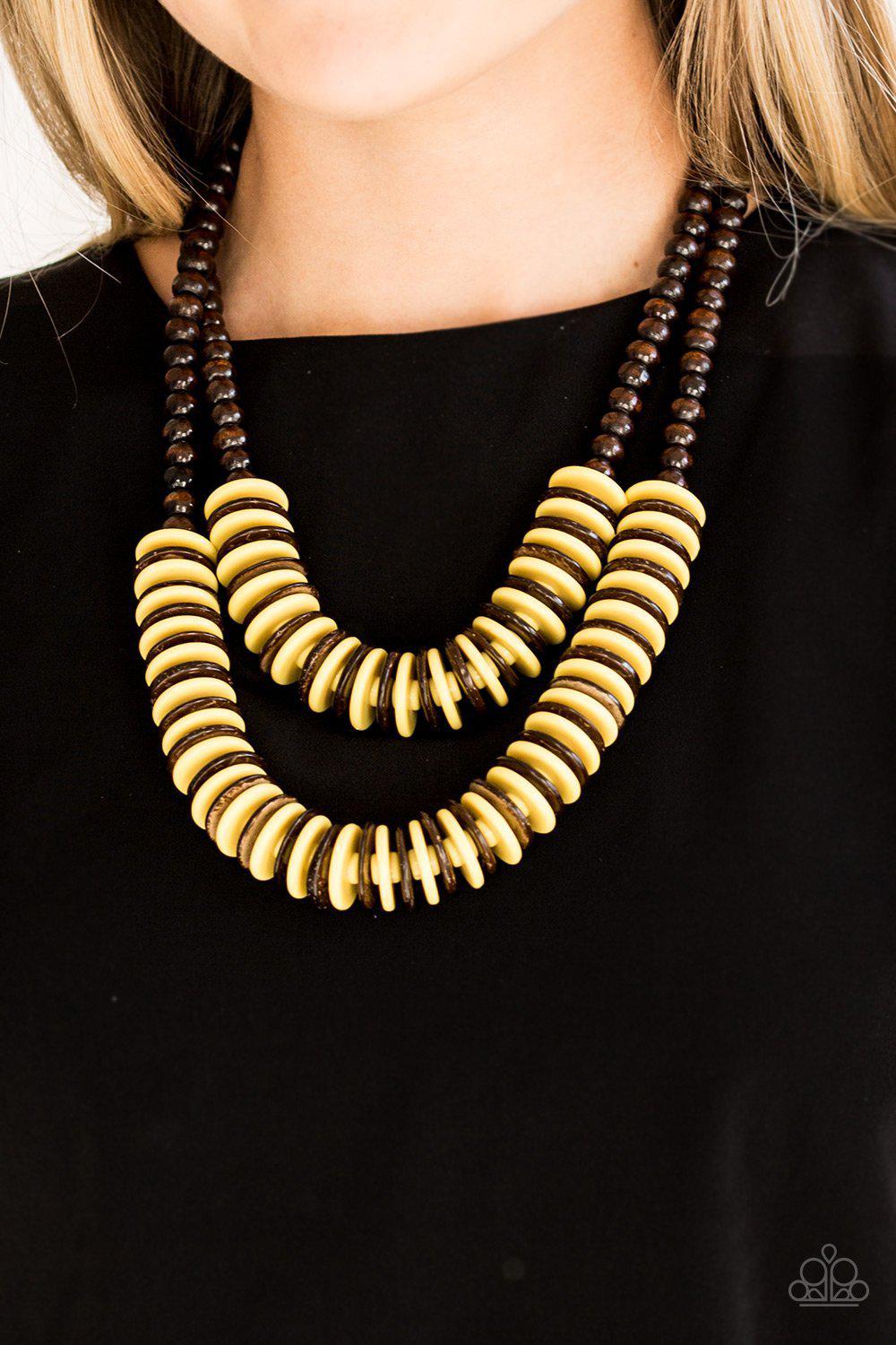 Dominican Disco Yellow and Brown Wood Necklace and matching Earrings - Paparazzi Accessories-CarasShop.com - $5 Jewelry by Cara Jewels