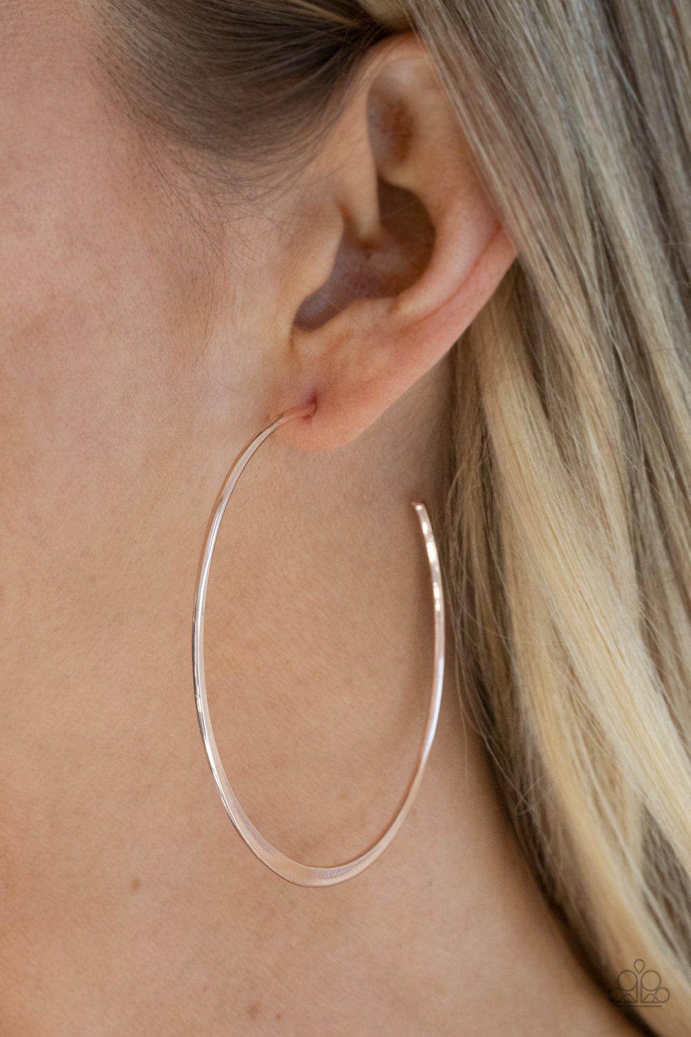 Don&#39;t Lose Your Edge Rose Gold Hoop Earrings - Paparazzi Accessories - model -CarasShop.com - $5 Jewelry by Cara Jewels
