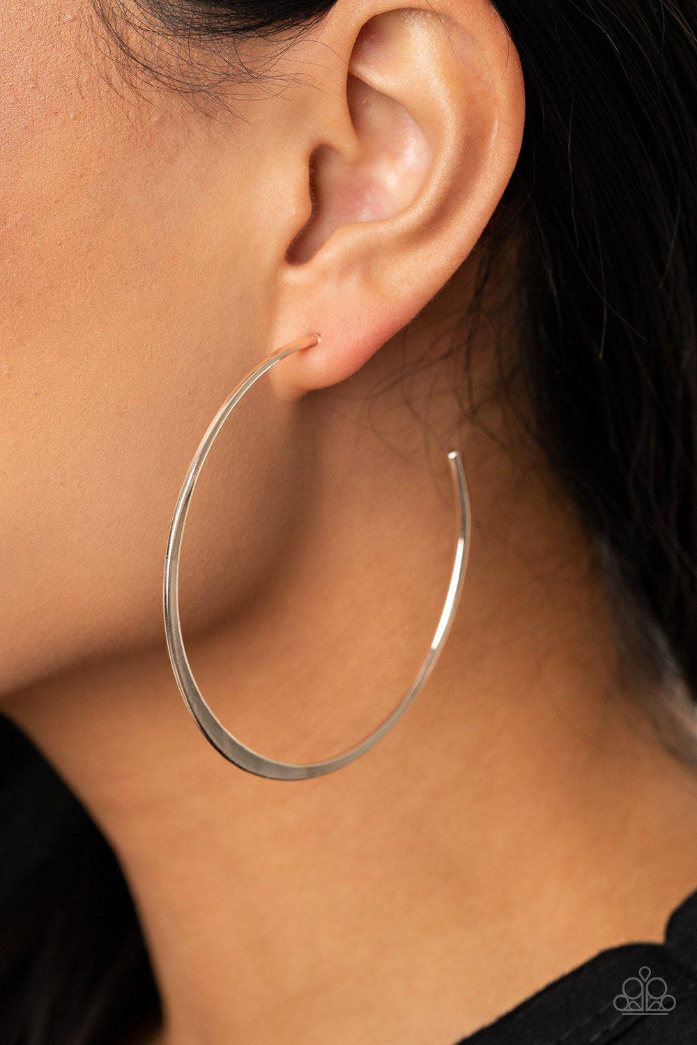 Don&#39;t Lose Your Edge Silver Hoop Earrings - Paparazzi Accessories - model -CarasShop.com - $5 Jewelry by Cara Jewels