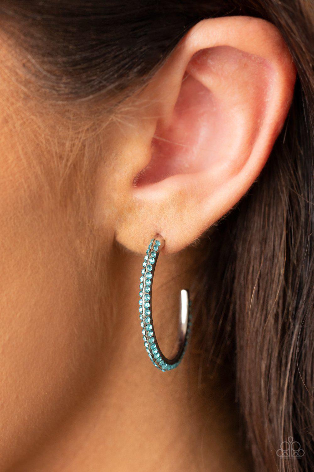 Don&#39;t Think Twice Blue Rhinestone Hoop Earrings - Paparazzi Accessories - model -CarasShop.com - $5 Jewelry by Cara Jewels
