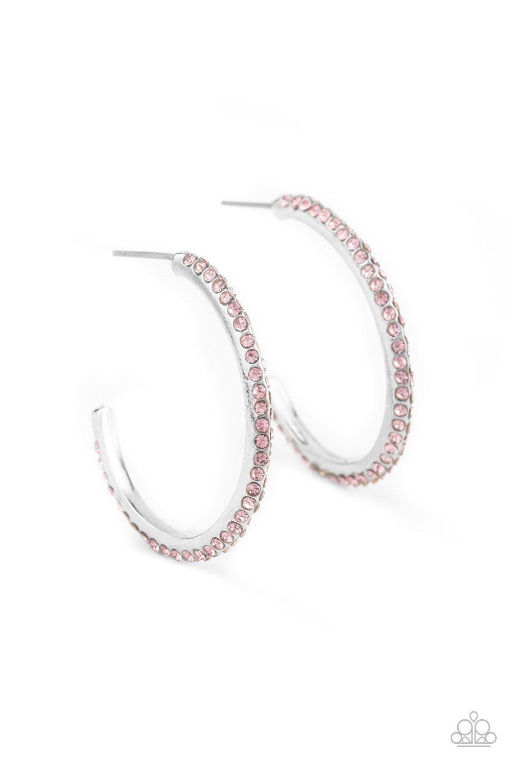 Don&#39;t Think Twice Pink Rhinestone Hoop Earrings - Paparazzi Accessories - lightbox -CarasShop.com - $5 Jewelry by Cara Jewels