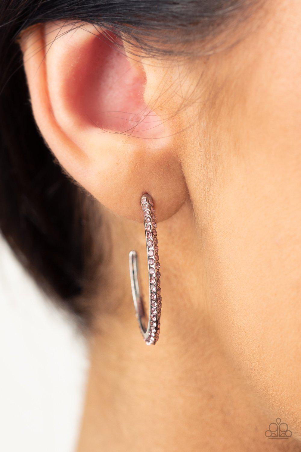 Don&#39;t Think Twice Pink Rhinestone Hoop Earrings - Paparazzi Accessories - model -CarasShop.com - $5 Jewelry by Cara Jewels