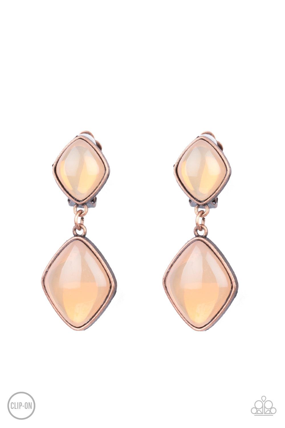 Double Dipping Diamonds Copper &amp; Peach Opal Clip-On Earrings - Paparazzi Accessories- lightbox - CarasShop.com - $5 Jewelry by Cara Jewels