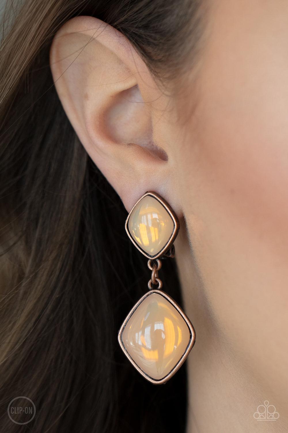 Double Dipping Diamonds Copper & Peach Opal Clip-On Earrings - Paparazzi Accessories- lightbox - CarasShop.com - $5 Jewelry by Cara Jewels