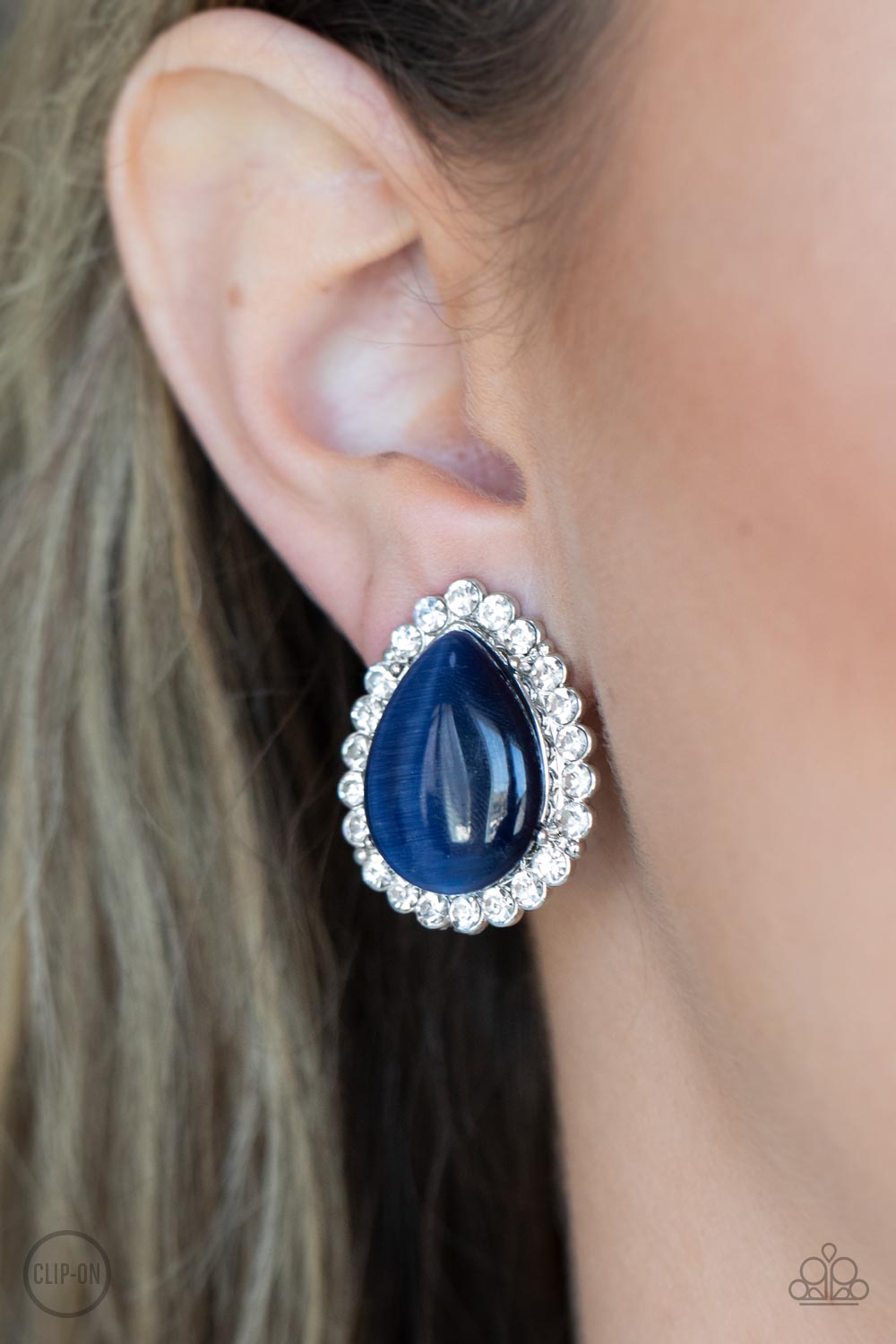 Downright Demure Blue Cat&#39;s Eye Stone Clip-On Earrings - Paparazzi Accessories-on model - CarasShop.com - $5 Jewelry by Cara Jewels